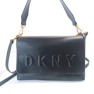 DKNY Tilly Small Flap Shoulder Bag Black with debossed logo.